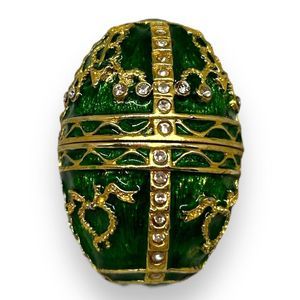 Heavy Green Enameled Egg-Shaped Trinket Box with Rhinestones, Magnetic Closure